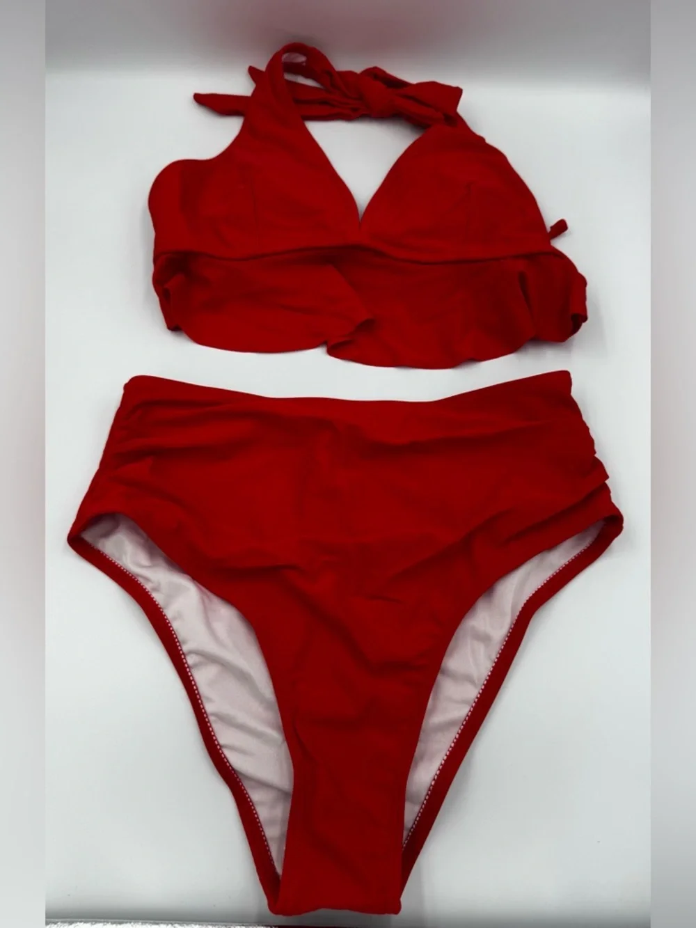 Red Ruffle Halter Bikini Set High Waist Two-Piece Swimsuit Size S Uln
